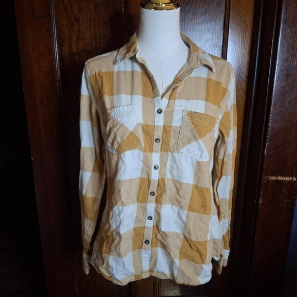 Maurices Mustard/White Flannel Button-Down Shirt - Picture 1 of 7